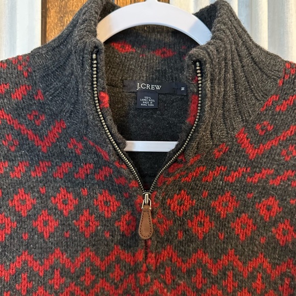 J. Crew Gray Red Fair Isle Lambswool 1/4 Zip Pullover Sweater - Picture 3 of 14